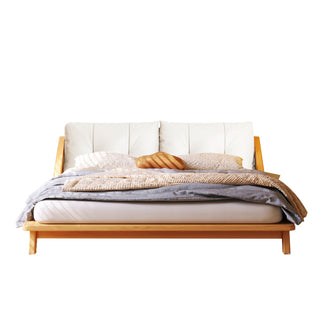 JASIWAY modern low-profile solid wood platform bed featuring ash wood frame, a sturdy floating-style base, and ergonomic split-cushion support, blending mid-century modern craftsmanship with minimalist aesthetics for luxury home interiors.-Front studio view