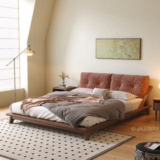 JASIWAY modern low-profile solid wood platform bed featuring ash wood frame, a sturdy floating-style base, and ergonomic split-cushion support, blending mid-century modern craftsmanship with minimalist aesthetics for luxury home interiors.-Three-quarter view