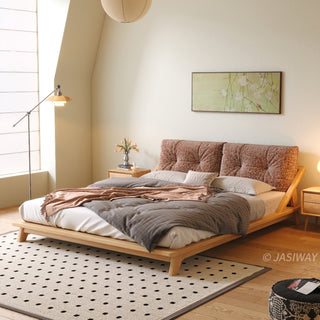 JASIWAY modern low-profile solid wood platform bed featuring ash wood frame, a sturdy floating-style base, and ergonomic split-cushion support, blending mid-century modern craftsmanship with minimalist aesthetics for luxury home interiors.-Three-quarter view