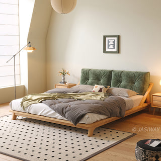 JASIWAY modern low-profile solid wood platform bed featuring ash wood frame, a sturdy floating-style base, and ergonomic split-cushion support, blending mid-century modern craftsmanship with minimalist aesthetics for luxury home interiors.-Three-quarter view