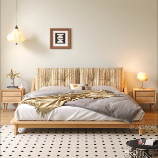 JASIWAY modern low-profile solid wood platform bed featuring ash wood frame, a sturdy floating-style base, and ergonomic split-cushion support, blending mid-century modern craftsmanship with minimalist aesthetics for luxury home interiors.-Front view