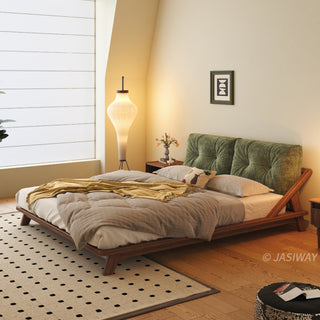JASIWAY modern low-profile solid wood platform bed featuring ash wood frame, a sturdy floating-style base, and ergonomic split-cushion support, blending mid-century modern craftsmanship with minimalist aesthetics for luxury home interiors.-Diagonal view