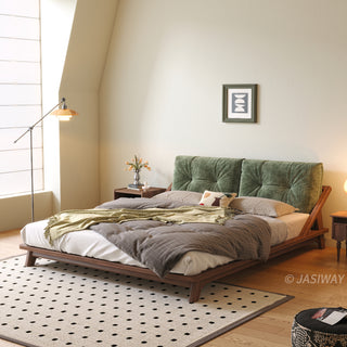 JASIWAY modern low-profile solid wood platform bed featuring ash wood frame, a sturdy floating-style base, and ergonomic split-cushion support, blending mid-century modern craftsmanship with minimalist aesthetics for luxury home interiors.-Three-quarter view