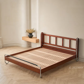 JASIWAY luxury minimalist platform bed with solid wood frame integrated with a curved chrome stainless steel tubular structure, featuring an ergonomic dual-pillow cushioned headboard upholstered in premium black leather, blending mid-century modern craftsmanship with industrial elegance, celebrated as the London Design Awards 2025 Silver Winner for master bedroom furniture design.-High-angle view of frame