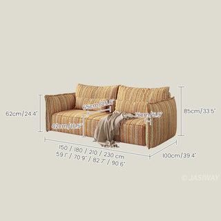 JASIWAY modern striped convertible sofa bed featuring a versatile pull-out chaise and multi-position adjustable backrest with a multi-layer cushioning system, perfect for transforming a contemporary living room into a guest sleeping area.-Dimensions chart
