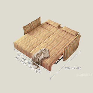 JASIWAY modern striped convertible sofa bed featuring a versatile pull-out chaise and multi-position adjustable backrest with a multi-layer cushioning system, perfect for transforming a contemporary living room into a guest sleeping area.-Dimensions chart