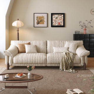 JASIWAY modern 3-seater sofa featuring a premium striped upholstery with deep-seated comfort, plush oversized cushions, flared armrests and solid wood legs in a dark walnut finish, showcasing a minimalist Japandi and organic modern aesthetic. -Front view