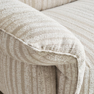 JASIWAY modern 3-seater sofa featuring a premium striped upholstery with deep-seated comfort, plush oversized cushions, flared armrests and solid wood legs in a dark walnut finish, showcasing a minimalist Japandi and organic modern aesthetic. -Close-up of texture and stitching