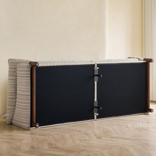 JASIWAY modern 3-seater sofa featuring a premium striped upholstery with deep-seated comfort, plush oversized cushions, flared armrests and solid wood legs in a dark walnut finish, showcasing a minimalist Japandi and organic modern aesthetic. -Bottom view of sofa base