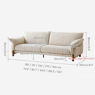JASIWAY modern 3-seater sofa featuring a premium striped upholstery with deep-seated comfort, plush oversized cushions, flared armrests and solid wood legs in a dark walnut finish, showcasing a minimalist Japandi and organic modern aesthetic. -Dimensions chart