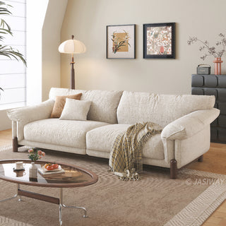 JASIWAY modern 3-seater sofa featuring a premium striped upholstery with deep-seated comfort, plush oversized cushions, flared armrests and solid wood legs in a dark walnut finish, showcasing a minimalist Japandi and organic modern aesthetic. -Three-quarter view