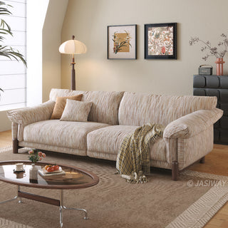 JASIWAY modern 3-seater sofa featuring a premium striped upholstery with deep-seated comfort, plush oversized cushions, flared armrests and solid wood legs in a dark walnut finish, showcasing a minimalist Japandi and organic modern aesthetic. -Three-quarter view