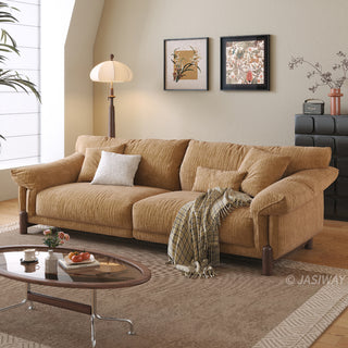 JASIWAY modern 3-seater sofa featuring a premium striped upholstery with deep-seated comfort, plush oversized cushions, flared armrests and solid wood legs in a dark walnut finish, showcasing a minimalist Japandi and organic modern aesthetic. -Three-quarter view