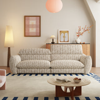 JASIWAY modern 3-seater sofa with striped upholstery, deep-seated cushions for enhanced comfort, and innovative adjustable headrests. This low-profile sofa is designed with a sleek, rounded silhouette and structured armrests, perfectly balancing contemporary aesthetics with ergonomic support for modern living spaces.-Front view