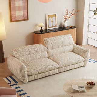 JASIWAY modern 3-seater sofa with striped upholstery, deep-seated cushions for enhanced comfort, and innovative adjustable headrests. This low-profile sofa is designed with a sleek, rounded silhouette and structured armrests, perfectly balancing contemporary aesthetics with ergonomic support for modern living spaces.-High-angle view