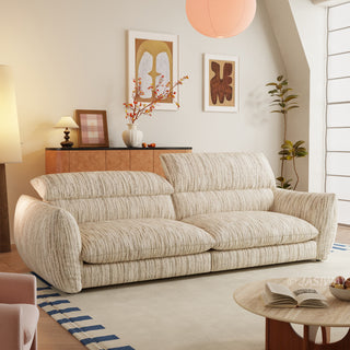 JASIWAY modern 3-seater sofa with striped upholstery, deep-seated cushions for enhanced comfort, and innovative adjustable headrests. This low-profile sofa is designed with a sleek, rounded silhouette and structured armrests, perfectly balancing contemporary aesthetics with ergonomic support for modern living spaces.-Three-quarter view