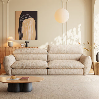 JASIWAY modern 3-seater sofa with striped upholstery, deep-seated cushions for enhanced comfort, and innovative adjustable headrests. This low-profile sofa is designed with a sleek, rounded silhouette and structured armrests, perfectly balancing contemporary aesthetics with ergonomic support for modern living spaces.-Front view
