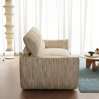 JASIWAY modern 3-seater sofa with striped upholstery, deep-seated cushions for enhanced comfort, and innovative adjustable headrests. This low-profile sofa is designed with a sleek, rounded silhouette and structured armrests, perfectly balancing contemporary aesthetics with ergonomic support for modern living spaces.-Side view