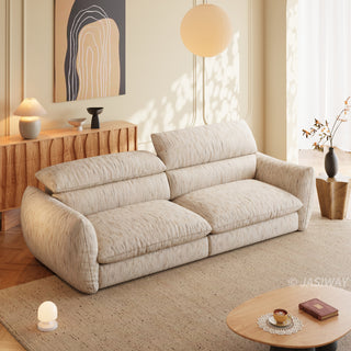 JASIWAY modern 3-seater sofa with striped upholstery, deep-seated cushions for enhanced comfort, and innovative adjustable headrests. This low-profile sofa is designed with a sleek, rounded silhouette and structured armrests, perfectly balancing contemporary aesthetics with ergonomic support for modern living spaces.-High-angle view