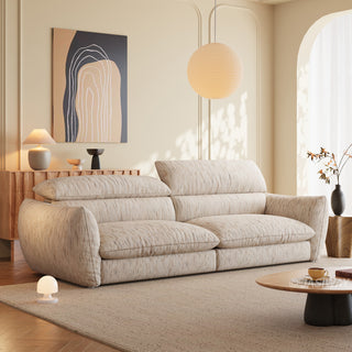 JASIWAY modern 3-seater sofa with striped upholstery, deep-seated cushions for enhanced comfort, and innovative adjustable headrests. This low-profile sofa is designed with a sleek, rounded silhouette and structured armrests, perfectly balancing contemporary aesthetics with ergonomic support for modern living spaces.-Three quarter view