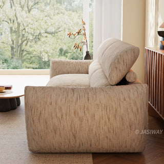 JASIWAY modern 3-seater sofa with striped upholstery, deep-seated cushions for enhanced comfort, and innovative adjustable headrests. This low-profile sofa is designed with a sleek, rounded silhouette and structured armrests, perfectly balancing contemporary aesthetics with ergonomic support for modern living spaces.-Side view