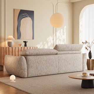 JASIWAY modern 3-seater sofa with striped upholstery, deep-seated cushions for enhanced comfort, and innovative adjustable headrests. This low-profile sofa is designed with a sleek, rounded silhouette and structured armrests, perfectly balancing contemporary aesthetics with ergonomic support for modern living spaces.-Rear view