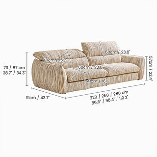 JASIWAY modern 3-seater sofa with striped upholstery, deep-seated cushions for enhanced comfort, and innovative adjustable headrests. This low-profile sofa is designed with a sleek, rounded silhouette and structured armrests, perfectly balancing contemporary aesthetics with ergonomic support for modern living spaces.-Dimensions chart