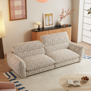 JASIWAY modern 3-seater sofa with striped upholstery, deep-seated cushions for enhanced comfort, and innovative adjustable headrests. This low-profile sofa is designed with a sleek, rounded silhouette and structured armrests, perfectly balancing contemporary aesthetics with ergonomic support for modern living spaces.-High-angle view