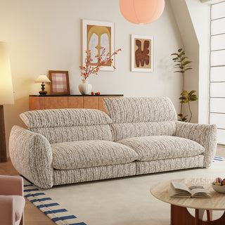 JASIWAY modern 3-seater sofa with striped upholstery, deep-seated cushions for enhanced comfort, and innovative adjustable headrests. This low-profile sofa is designed with a sleek, rounded silhouette and structured armrests, perfectly balancing contemporary aesthetics with ergonomic support for modern living spaces.-Three quarter view