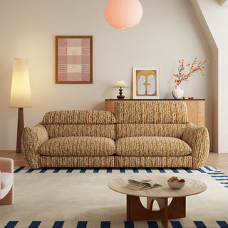 JASIWAY modern 3-seater sofa with striped upholstery, deep-seated cushions for enhanced comfort, and innovative adjustable headrests. This low-profile sofa is designed with a sleek, rounded silhouette and structured armrests, perfectly balancing contemporary aesthetics with ergonomic support for modern living spaces.-Front view