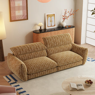 JASIWAY modern 3-seater sofa with striped upholstery, deep-seated cushions for enhanced comfort, and innovative adjustable headrests. This low-profile sofa is designed with a sleek, rounded silhouette and structured armrests, perfectly balancing contemporary aesthetics with ergonomic support for modern living spaces.-High-angle view