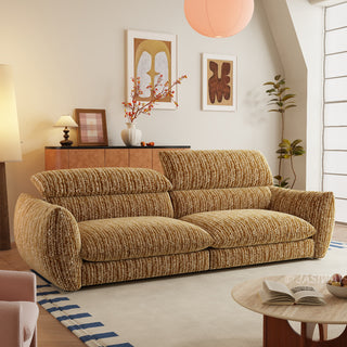 JASIWAY modern 3-seater sofa with striped upholstery, deep-seated cushions for enhanced comfort, and innovative adjustable headrests. This low-profile sofa is designed with a sleek, rounded silhouette and structured armrests, perfectly balancing contemporary aesthetics with ergonomic support for modern living spaces.-Three quarter view