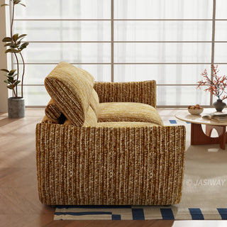 JASIWAY modern 3-seater sofa with striped upholstery, deep-seated cushions for enhanced comfort, and innovative adjustable headrests. This low-profile sofa is designed with a sleek, rounded silhouette and structured armrests, perfectly balancing contemporary aesthetics with ergonomic support for modern living spaces.-Side view