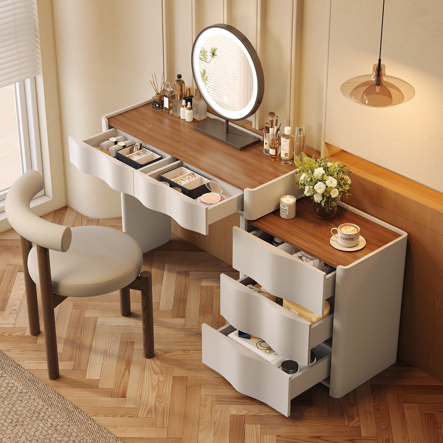 JASIWAY Modern White & Walnut Makeup Vanity Desk with Storage and Wavy Drawers JASIWAY Modern White & Walnut Makeup Vanity Desk with Storage and Wavy Drawers