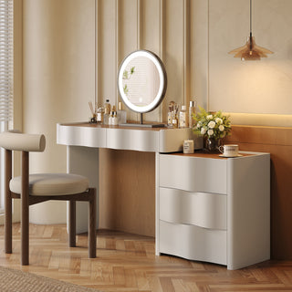 JASIWAY Modern White & Walnut Makeup Vanity Desk with Storage and Wavy Drawers