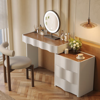 JASIWAY Modern White & Walnut Makeup Vanity Desk with Storage and Wavy Drawers