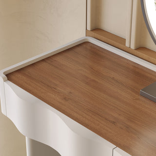 JASIWAY Modern White & Walnut Makeup Vanity Desk with Storage and Wavy Drawers