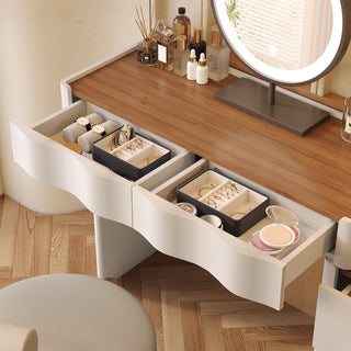JASIWAY Modern White & Walnut Makeup Vanity Desk with Storage and Wavy Drawers