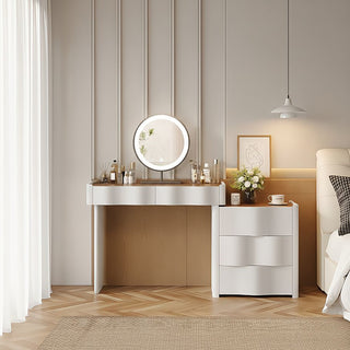 JASIWAY Modern White & Walnut Makeup Vanity Desk with Storage and Wavy Drawers