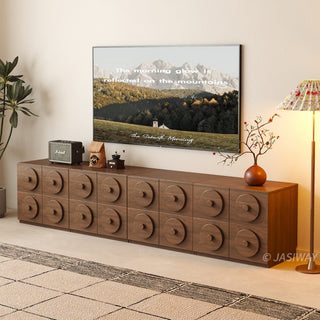 JASIWAY walnut-finished modular storage cabinet showcasing its stackable 2-drawer design with distinctive oversized circular relief pulls and rich wood grain texture, suitable for organic modern and minimalist interiors.-Three-quarter view of 4 cabinets