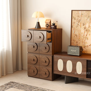 JASIWAY walnut-finished modular storage cabinet showcasing its stackable 2-drawer design with distinctive oversized circular relief pulls and rich wood grain texture, suitable for organic modern and minimalist interiors.-Three-quarter view of 2 cabinets