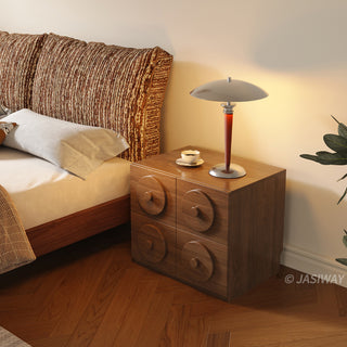 JASIWAY walnut-finished modular storage cabinet showcasing its stackable 2-drawer design with distinctive oversized circular relief pulls and rich wood grain texture, suitable for organic modern and minimalist interiors.-High-angle view of one cabinet