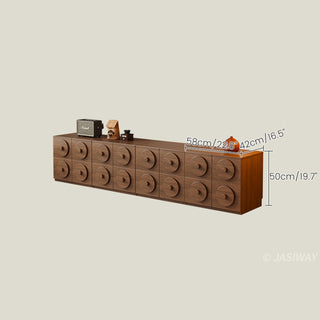 JASIWAY walnut-finished modular storage cabinet showcasing its stackable 2-drawer design with distinctive oversized circular relief pulls and rich wood grain texture, suitable for organic modern and minimalist interiors.-Dimensions chart