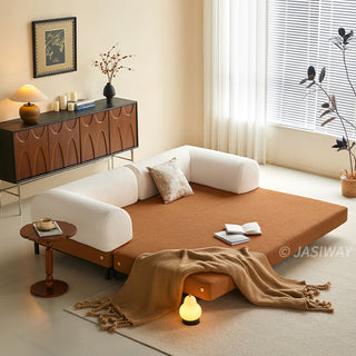 JASIWAY Modular Sofa Bed and Sleeper Sofa with a versatile convertible design, upholstered in premium textured bouclé, chenille or corduroy fabric, featuring plush bolster backrests and a mid-century modern aesthetic  for multifunctional living room use.-High-angle view