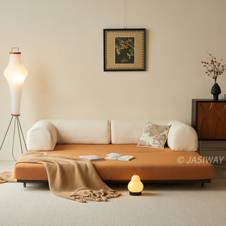 JASIWAY Modular Sofa Bed and Sleeper Sofa with a versatile convertible design, upholstered in premium textured bouclé, chenille or corduroy fabric, featuring plush bolster backrests and a mid-century modern aesthetic  for multifunctional living room use.-Front view