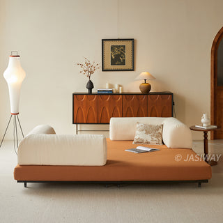 JASIWAY Modular Sofa Bed and Sleeper Sofa with a versatile convertible design, upholstered in premium textured bouclé, chenille or corduroy fabric, featuring plush bolster backrests and a mid-century modern aesthetic  for multifunctional living room use.-Front view