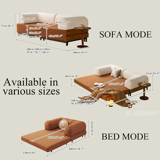 JASIWAY Modular Sofa Bed and Sleeper Sofa with a versatile convertible design, upholstered in premium textured bouclé, chenille or corduroy fabric, featuring plush bolster backrests and a mid-century modern aesthetic  for multifunctional living room use.-Dimensions chart