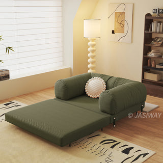 JASIWAY Modular Sofa Bed and Sleeper Sofa with a versatile convertible design, upholstered in premium textured bouclé, chenille or corduroy fabric, featuring plush bolster backrests and a mid-century modern aesthetic  for multifunctional living room use.-Diagonal view