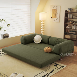 JASIWAY Modular Sofa Bed and Sleeper Sofa with a versatile convertible design, upholstered in premium textured bouclé, chenille or corduroy fabric, featuring plush bolster backrests and a mid-century modern aesthetic  for multifunctional living room use.-Diagonal view