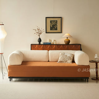 JASIWAY Modular Sofa Bed and Sleeper Sofa with a versatile convertible design, upholstered in premium textured bouclé, chenille or corduroy fabric, featuring plush bolster backrests and a mid-century modern aesthetic  for multifunctional living room use.-Front view